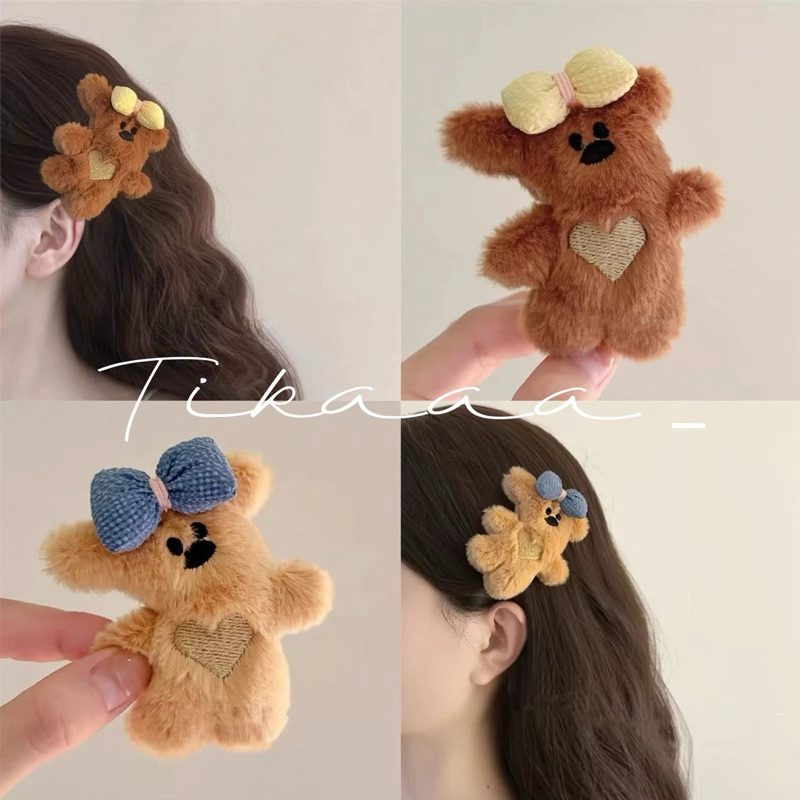 (พร้อมส่งจากไทย) กิ๊บติดผมหมียืนสีน้ําตาลคอเอียงติดโบว์ กิ๊บหมี