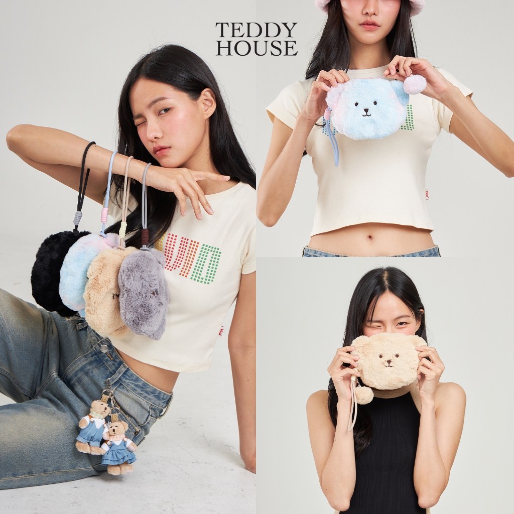 Teddy House : Fluffy Pouch with Hand Strap กระเป๋าหน้าหมี ใส่เหรียญคล้องมือ ผ้าขนนิ่ม อเนกประสงค์