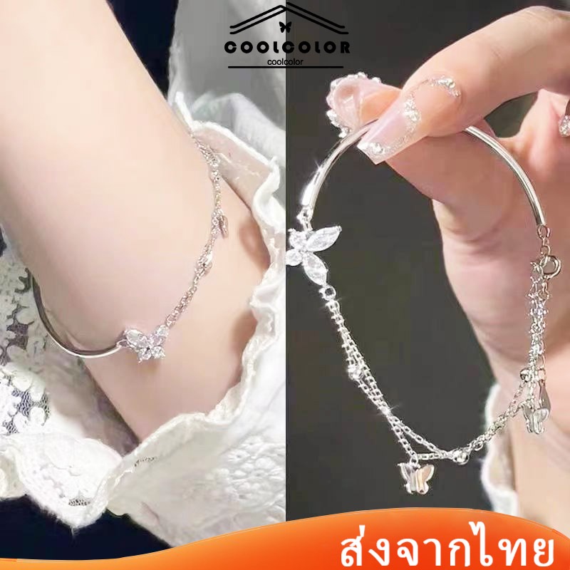 ในไทย สร้อยข้อมือผีเสื้อS925สองชั้นประดับเพชรหรูหราแฟชั่นเกาหลีเงินการออกแบบที่ดีเครื่องประดับสำหรับผู้หญิง