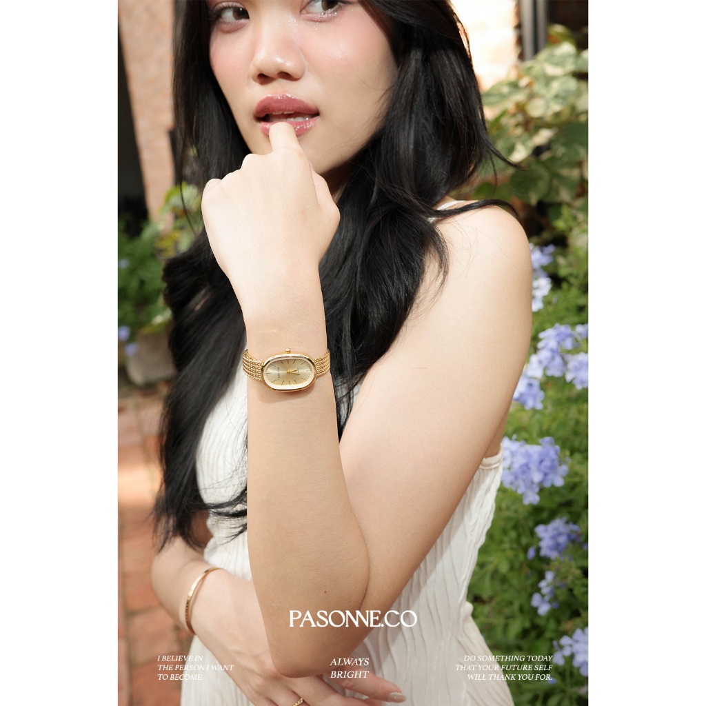 pasonne.co นาฬิกาข้อมือ นาฬิกาวินเทจ สายสแตนเลสสีทอง