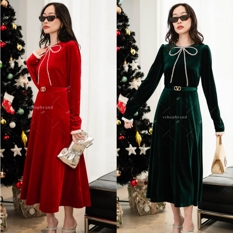 พร้อมส่ง Maxi เดรสแขนยาวกำมะหยี่แต่งเพชรโบว์ด้านหน้า+เข็มขัด งานป้าย vshopbrand