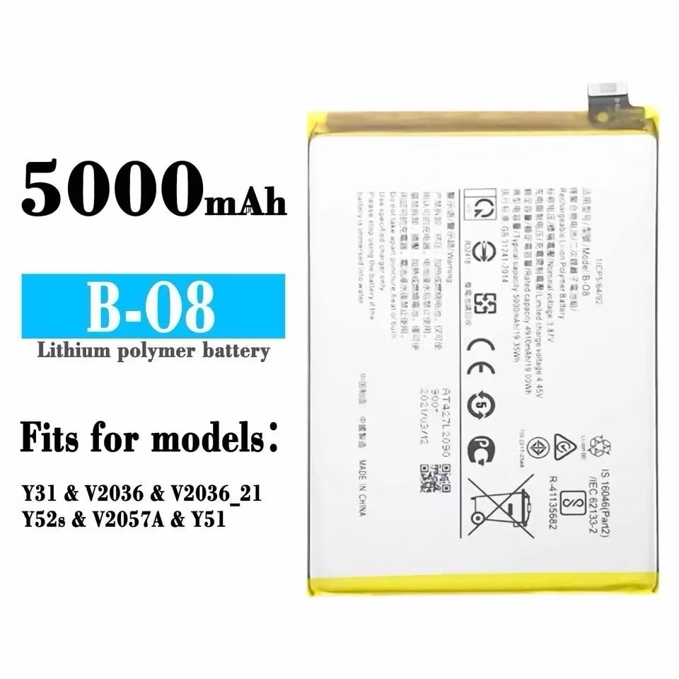 แบตเตอรี่สำรองคุณภาพสูง B-O8 5000mAh สำหรับ VIVO Y31 V2036 Y52s V2036_21 Y51 V2057A โทรศัพท์มือถือแบ