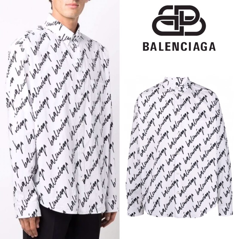 เสื้อเชิ๊ตแขนยาว Balenciaga Signature Logo Print Cotton Shirt