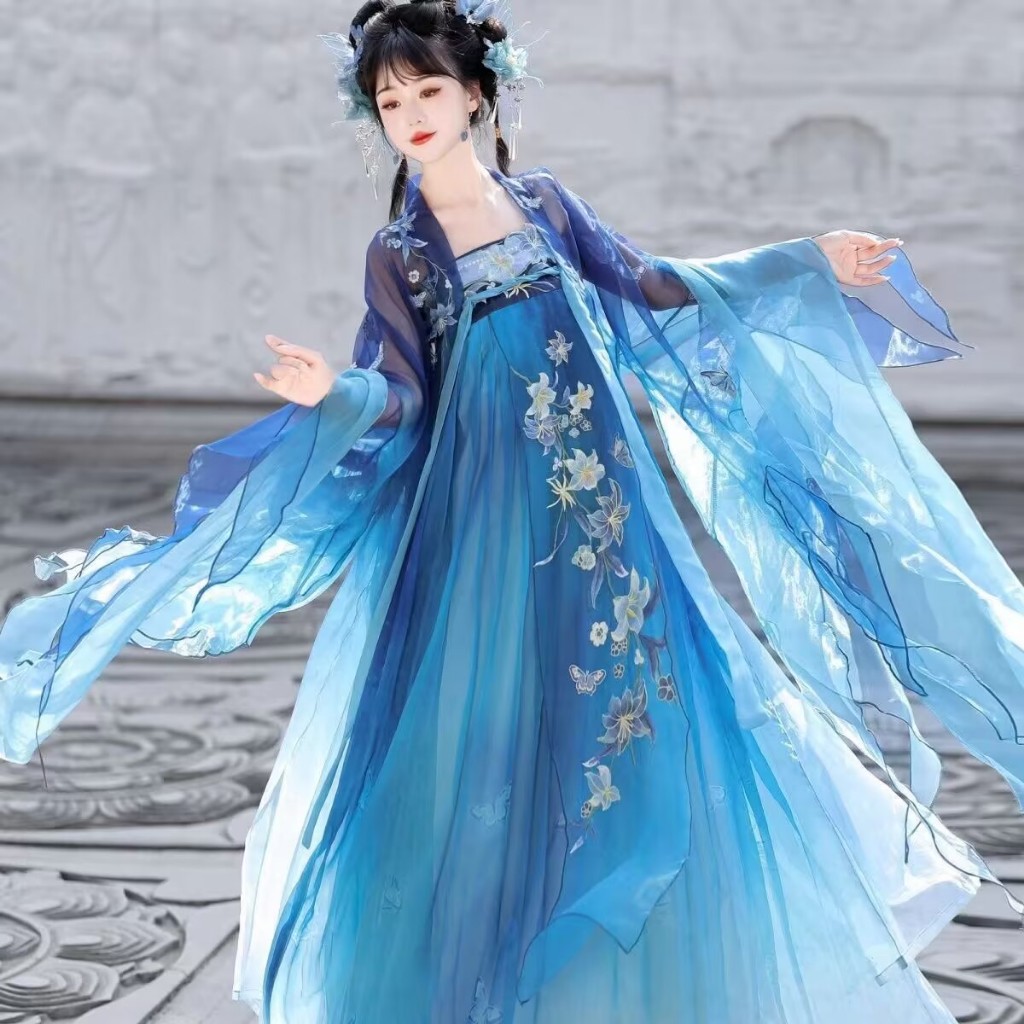 ใหม่เดิม [สีฟ้าและสีฟ้าพอร์ซเลน] หน้าอก Hanfu ผู้หญิง Tang Khozi กระโปรงแขนใหญ่เย็บปักถักร้อยชุด