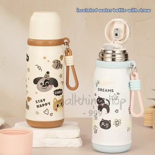 500ml.รแฟชั่นการ์ตูน สแตนเลส316 ขวดความร้อนด้วยฟางแบบพกพาสาวนักเรียนขวดความร้อนแก้วเดินทาง พร้อมเชือกยก B0170