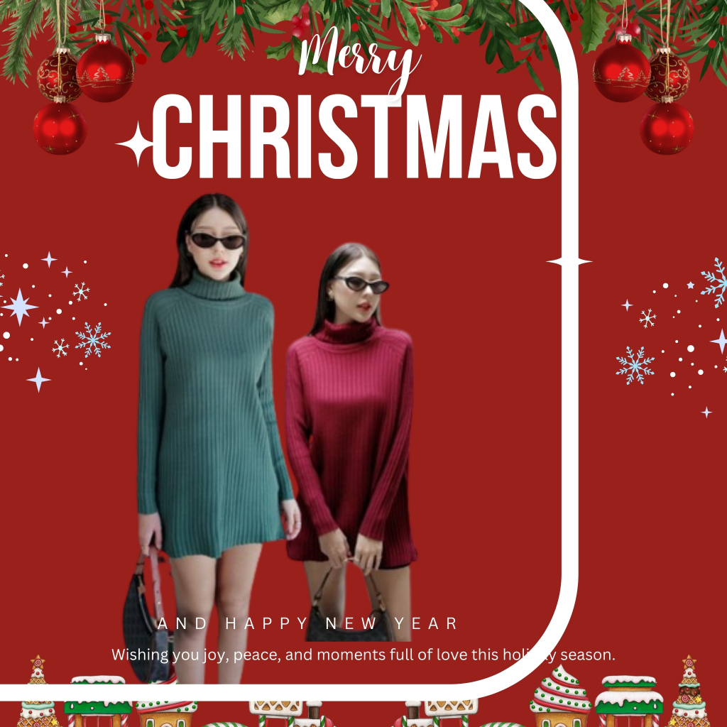 Intuon Cozy cc คริสต์มาส มินิเดรสแขนยาว ใส่เที่ยวปีใหม่ ชุดสีแดง T-Shirtnista (INT5B)