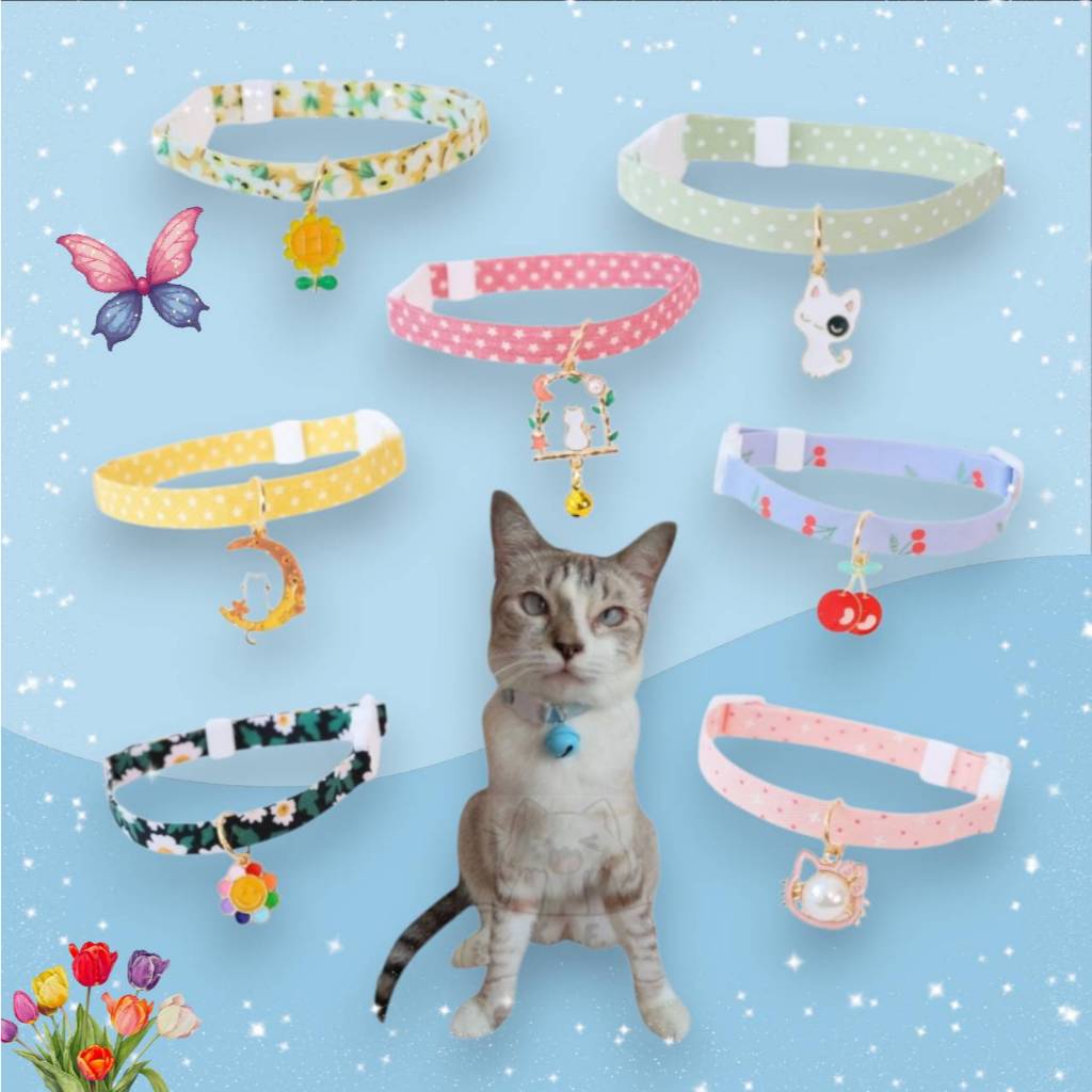 (A02-1)(พร้อมส่งจากไทย!!) ปลอกคอนิรภัยสีสวยพร้อมจี้ลายน่ารัก สีสวยละมุนมาก สำหรับแมว-สุนัข ราคาถูก