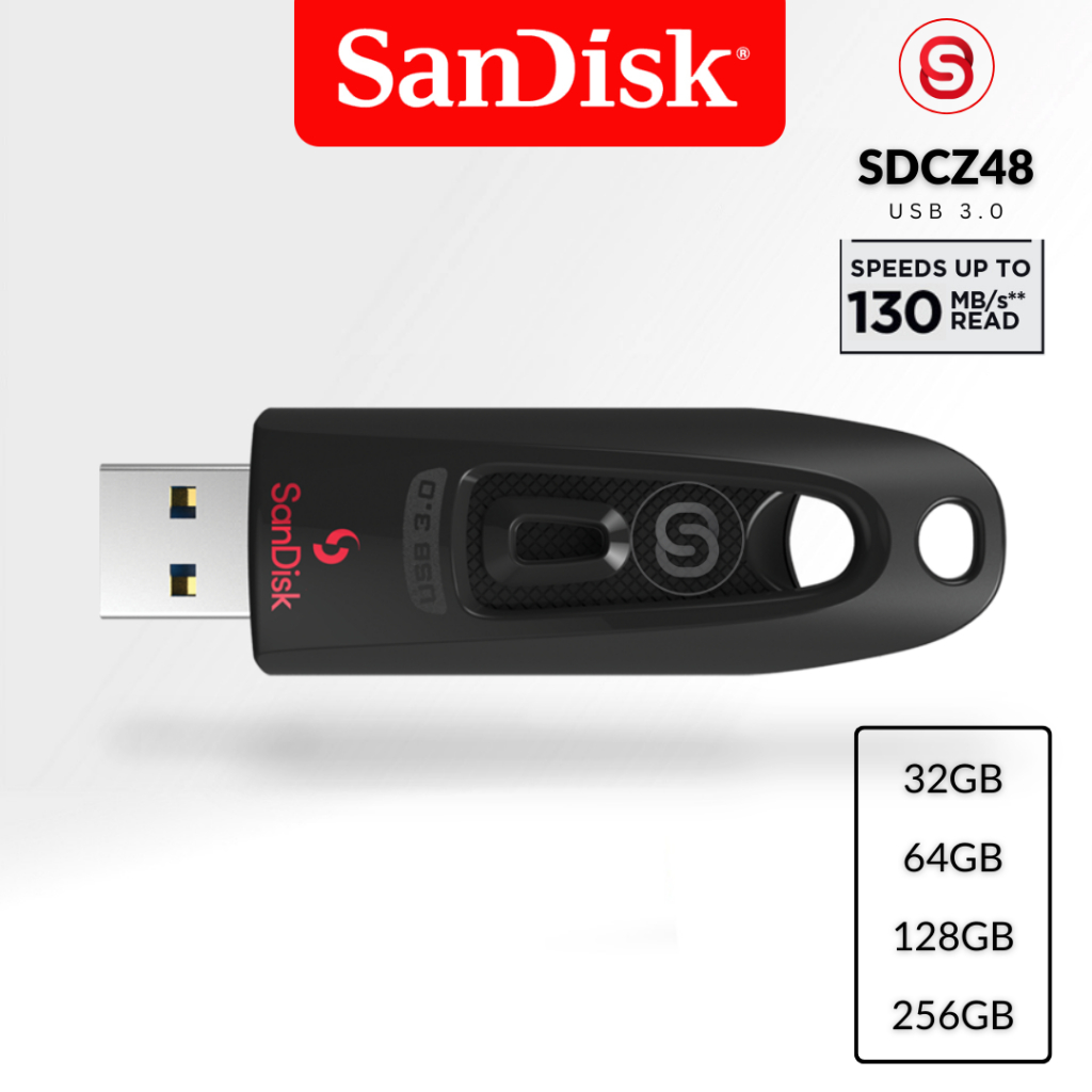 SANDISK Flash Drive ULTRA  USB 3.0 32GB 64GB 128G 256GB   อ่าน 130MB/S (SDCZ48) แฟลซไดรฟ์