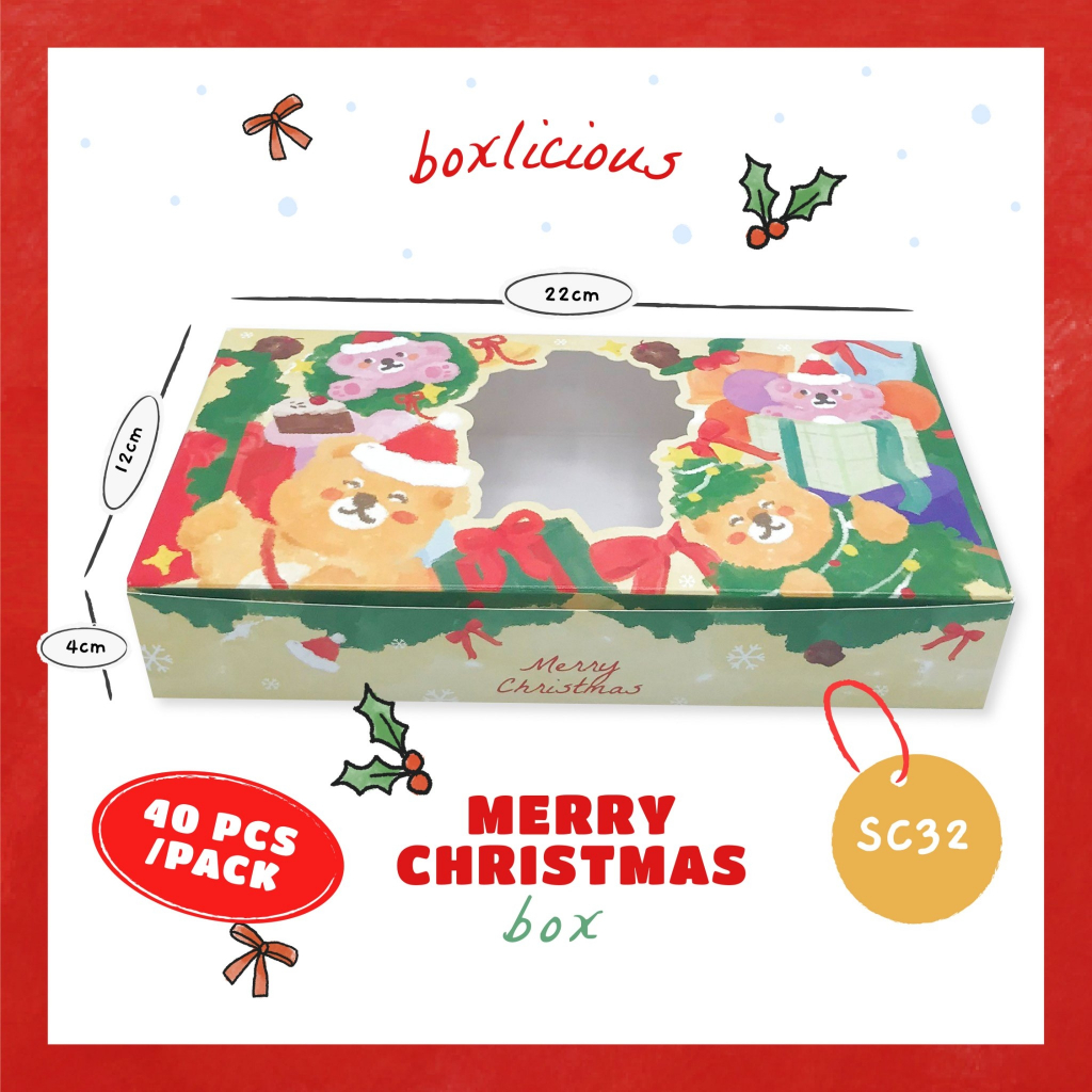 กล่องบราวนี่ทรงแบน 12*22*4 ซม. ลายคริสมาสต์ (40ใบ/แพ็ค)