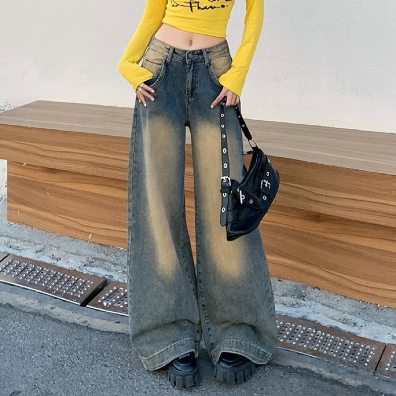 (XS-6XL) jinjeans กางเกงยีนส์ทรงกระบอกใหญ่ สีสนิมโทนน้ำตาล (0711)