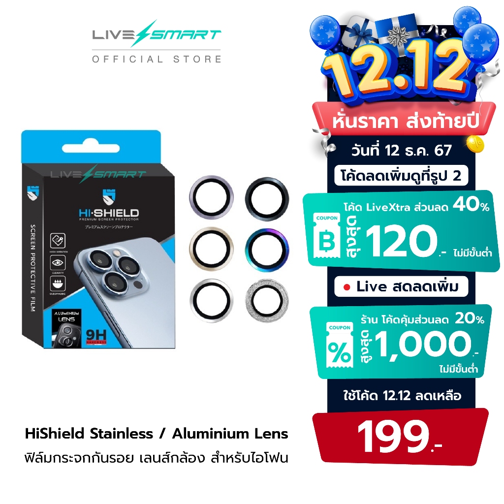 ฟิล์มกระจกกันรอย เลนส์กล้อง HiShield Stainless / Aluminium Lens สำหรับไอโฟน 15 Pro Promax 14 / 13 / Pro / Pro Max