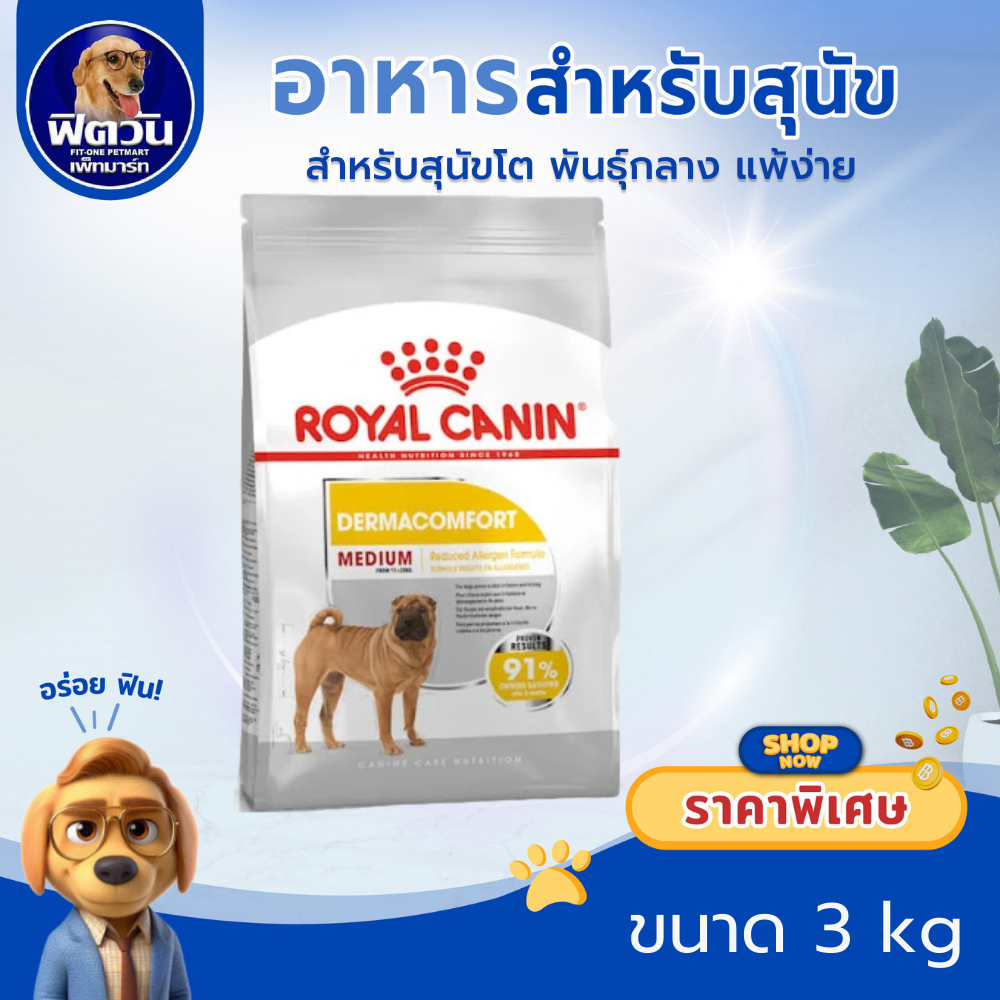 ROYAL CANIN DERMACOMFORT,MEDIUM สุนัข1ปีขึ้นไป พันธ์กลาง ผิวแพ้ง่าย 3 กิโลกรัม{อาหารสุนัขเม็ด}