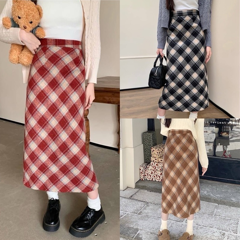 Gang_jeans#6252(H)กระโปรงยาวเอวสูง ทรงเอ ผ้านกฮูกลายตาราง งานผ่าด้านหลัง พร้อมยางยืดด้านหลัง มีซิปข้าง