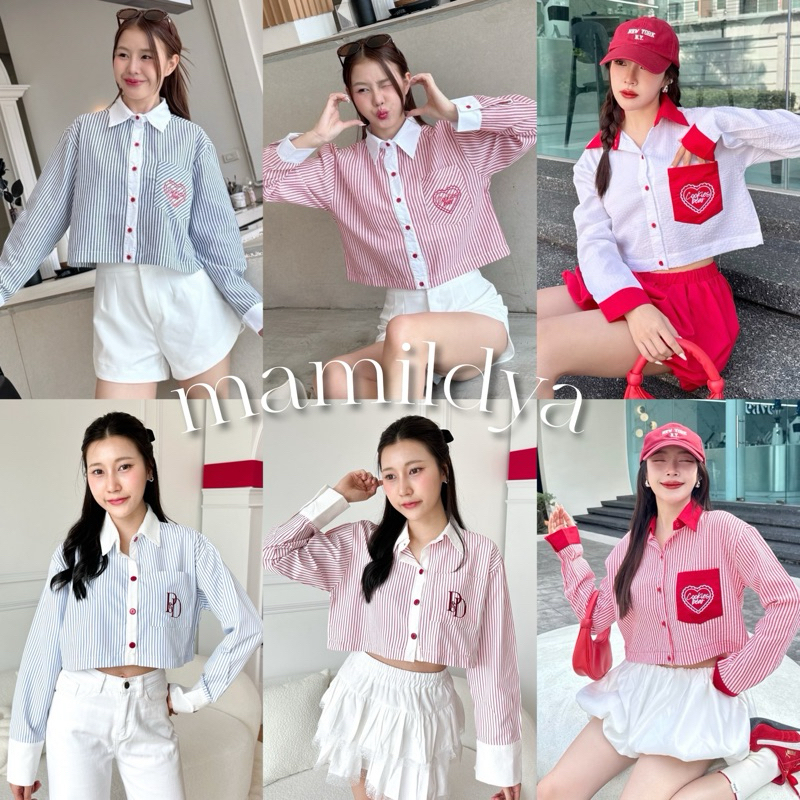 10ลาย เสื้อเชิ้ตคอปกแขนยาว ตัดขอบปกขาว ผ้าคอตตอนริ้วหนาทรงสวย ปักกระเป๋า / J12-4 // COOK-ทูโทนB
