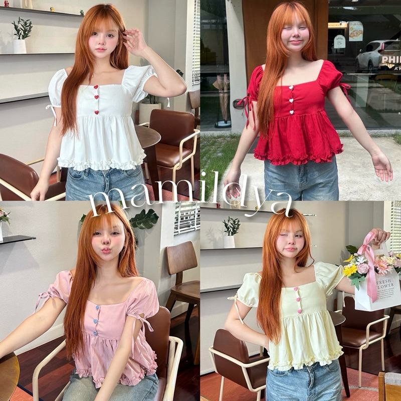 🌟Mamildya.shop🌟 เสื้อปาดไหล่ แขนตุ๊กตา แต่งกระดุมหัวใจ/ L3--5/NUSA-ใจ3 ⚫