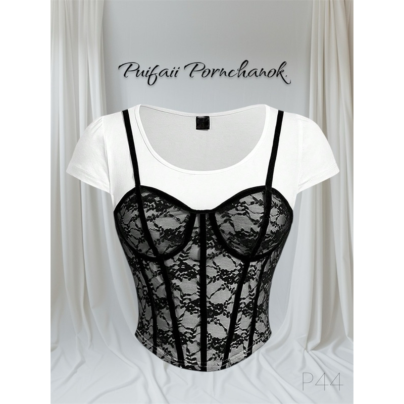 P44 เสื้อ2ชิ้น เสื้อยืด+ลูกไม้ดอกไม้กราฟิกตัวนอกติดกัน🇹🇭พร้อมส่งในไทย🇹🇭