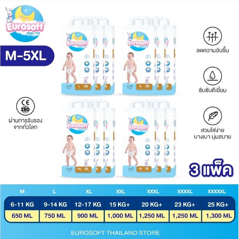 Eurosoft Premium 3 แพ็ค (Size M/L/XL/2XL/3XL/4XL) กางเกงผ้าอ้อม ผ้าอ้อมเด็ก แพมเพิส นุ่ม บางพิเศษ