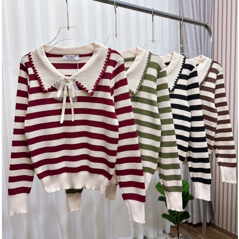 KN.Clothes เสื้อสเวสเตอร์คอปก แขนยาวลายทาง แต่งโบว์ TKT