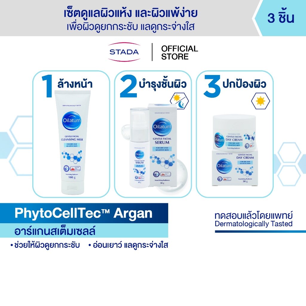 (เซ็ตสุดคุ้ม) Oilatum ออยลาตุ้ม เจนเทิล เฟเชียล 3ขั้นตอน (คลีนซิ่ง มิลค์, เดย์ ครีม และ ซีรั่ม)