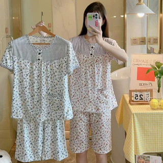 ⭐พร้อมส่ง⭐ชุดนอน แขนสั้น+กางเกงขาสั้น ชุดนอนลายดอกเล็กๆ