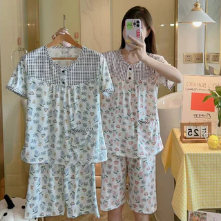 ⭐พร้อมส่ง⭐ชุดนอน แขนสั้น+กางเกงขาสั้น ชุดนอนลายดอกเล็กๆ