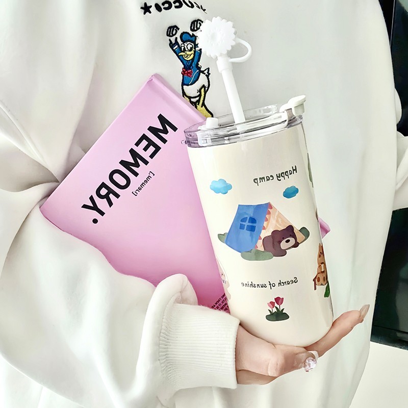 การ์ตูน พิมพ์หมี 316แก้วสแตนเลส500ml น่ารัก แก้วหัดดื่ม มีฝาปิด แก้วน้ําเก็บความเย็น แก้วกาแฟ