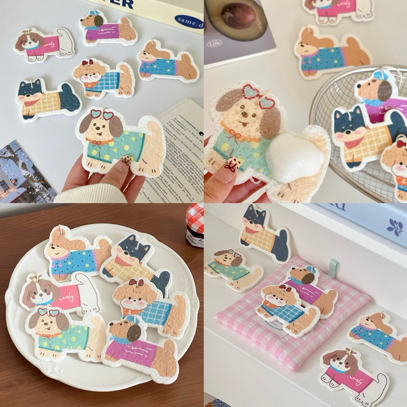 พร้อมส่ง ฟองน้ำล้างจาน British Puppy ฟองน้ำเยื่อไม้ไผ่ บีบอัด ขจัดคราบ ทำความสะอาด dishwashing sponge