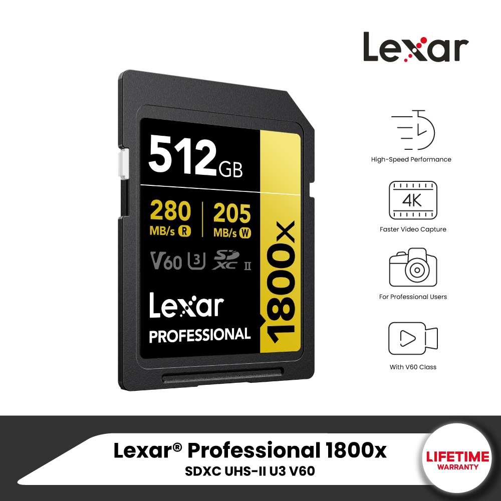 Lexar SD1800x 512GB UHS-II U3 V60 SD Card (เอสดีการ์ด) Full-HD 3D 4K RW280/210MB/s (LSD1800512G) GOLD Series
