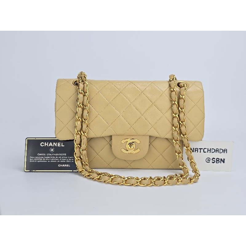 CHANEL CLASSIC 9 SMALL DOUBLE FLAP BEIGE LAMBSKIN GHW