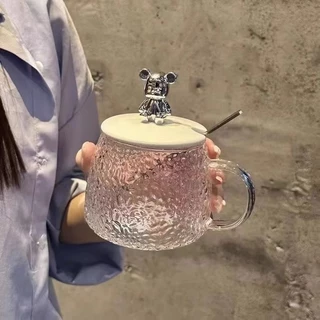 แก้วใส แก้วกาแฟ วัสดุพร้อมช้อนชง มีฝาปิดรูปหมี300ml(0002)