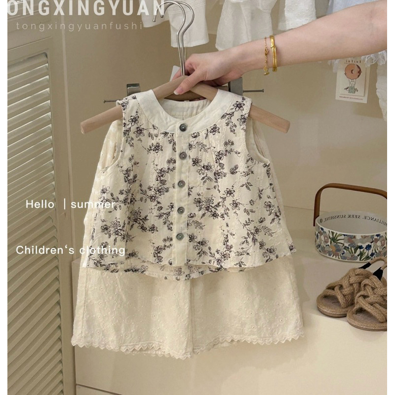 PK SHOP 🌟 พร้อมส่ง 🌟 ชุดเช็ต 2 ชิ้น เสื้อ + กางเกงขายาว ผ้าฉลุ แฟชั่นเด็กหญิง