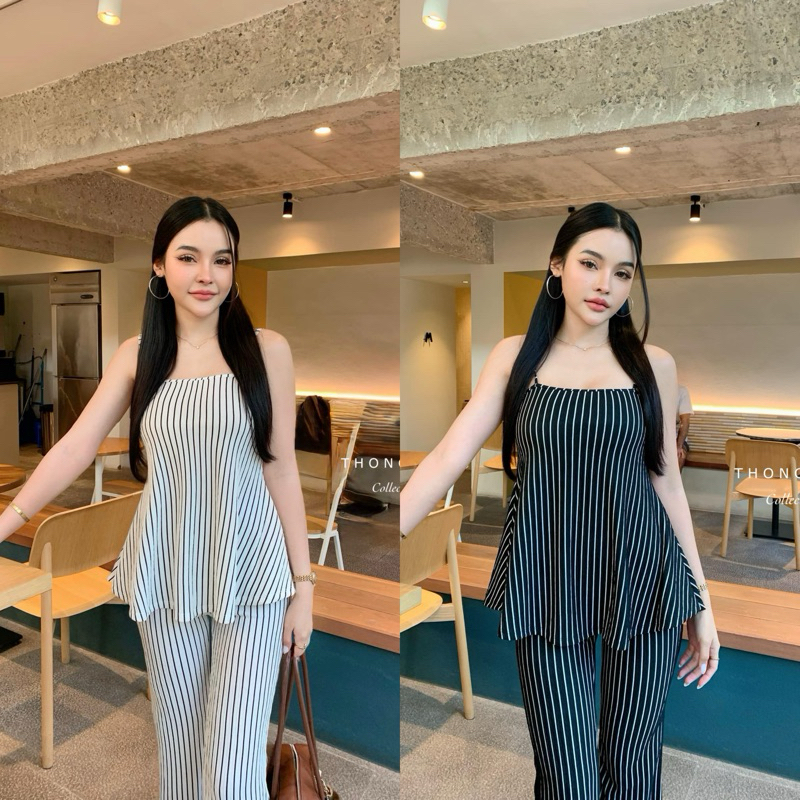 ป้ายTS(ทองสุข) PIXIE STRIPED SET เซทสายเดี่ยวชายบานกับกางเกงขาม้า เรียบหรู ดูแพง