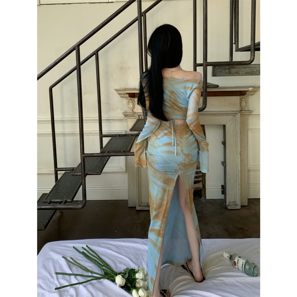 แม็กซี่เดรส เซ็ต2ชิ้น เสื้อครอปแขนยาวผ้าซีทรูมีซับใน+กระโปรงผ่าหลัง ซับในเต็มตัว แต่งสายผูกเอว #9671 - รูปที่ 2