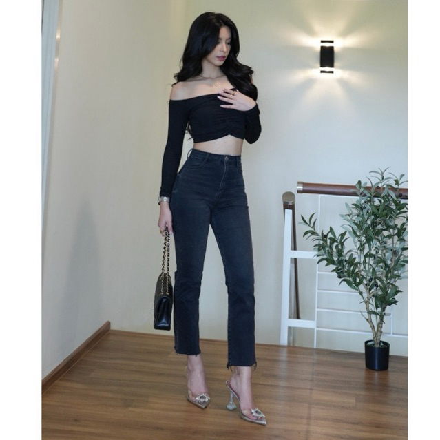 Gondeng Shadow Jeans กางเกงยีนส์ก้นเด้ง ขาปลายเปิดสี ชาโดว์  (ผ้ายืด-เอวสูง)