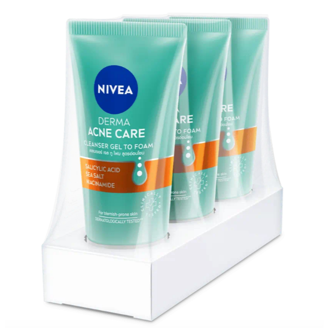( 3หลอด) ขนาด50 มล โฉมใหม่ NIVEA Acne เดอร์ม่า แอคเน่ แคร์ เคลนเซอร์ เจล ทู โฟม Cleanser นีเวีย