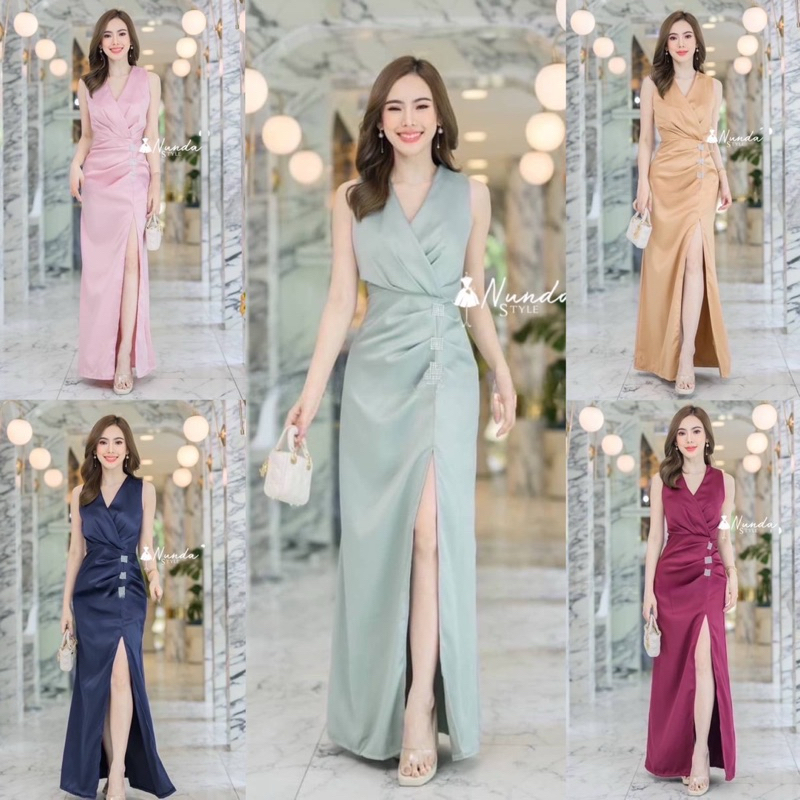Fashion young เดรสคอวีผ่าหน้า แต่งอะไหล่เพชร เนื้อผ้าซาร่าเงา