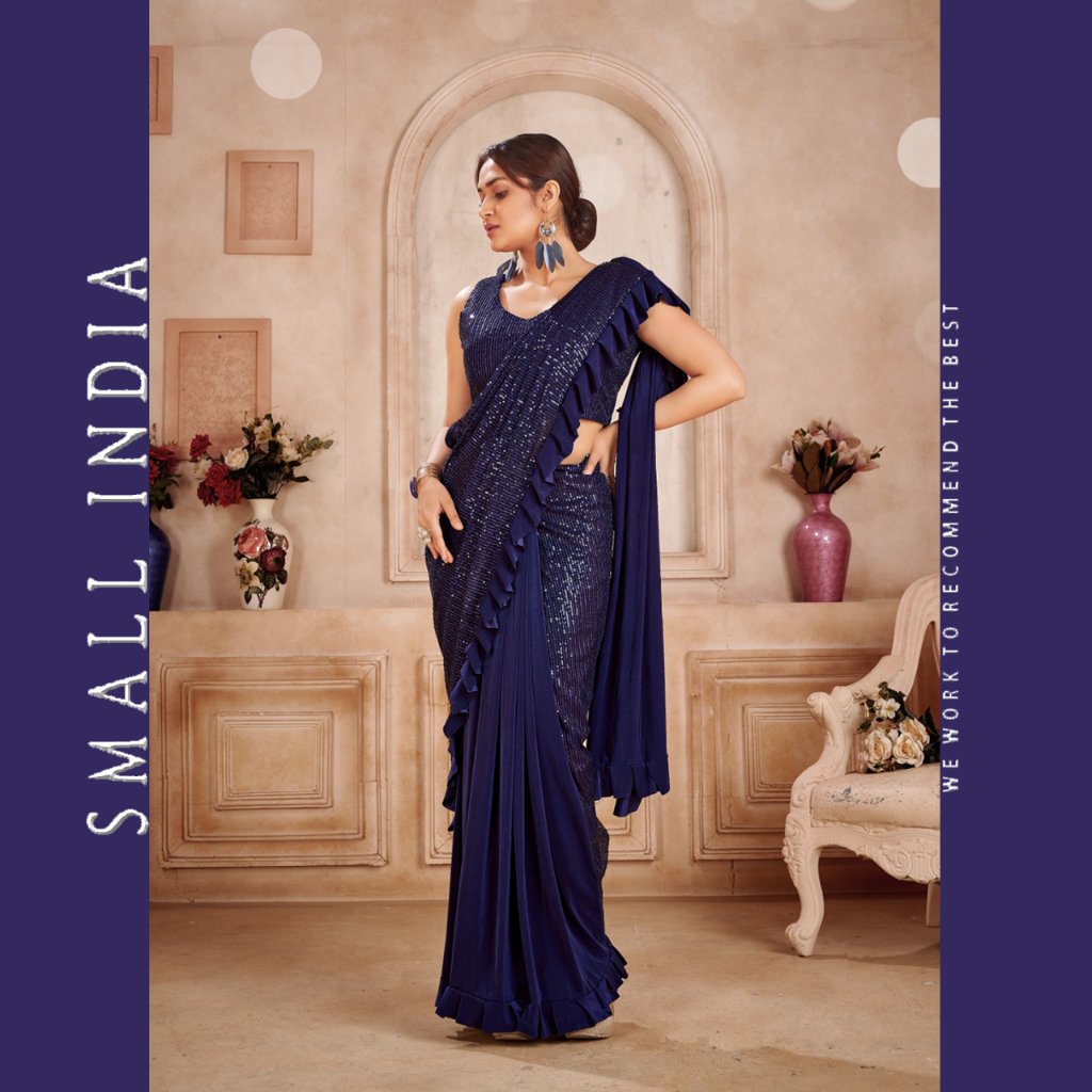 {**ส่งฟรี**} SMALL INDIA Ready To Wear Sequence Saree ชุดสาหรี Women Silk Saree