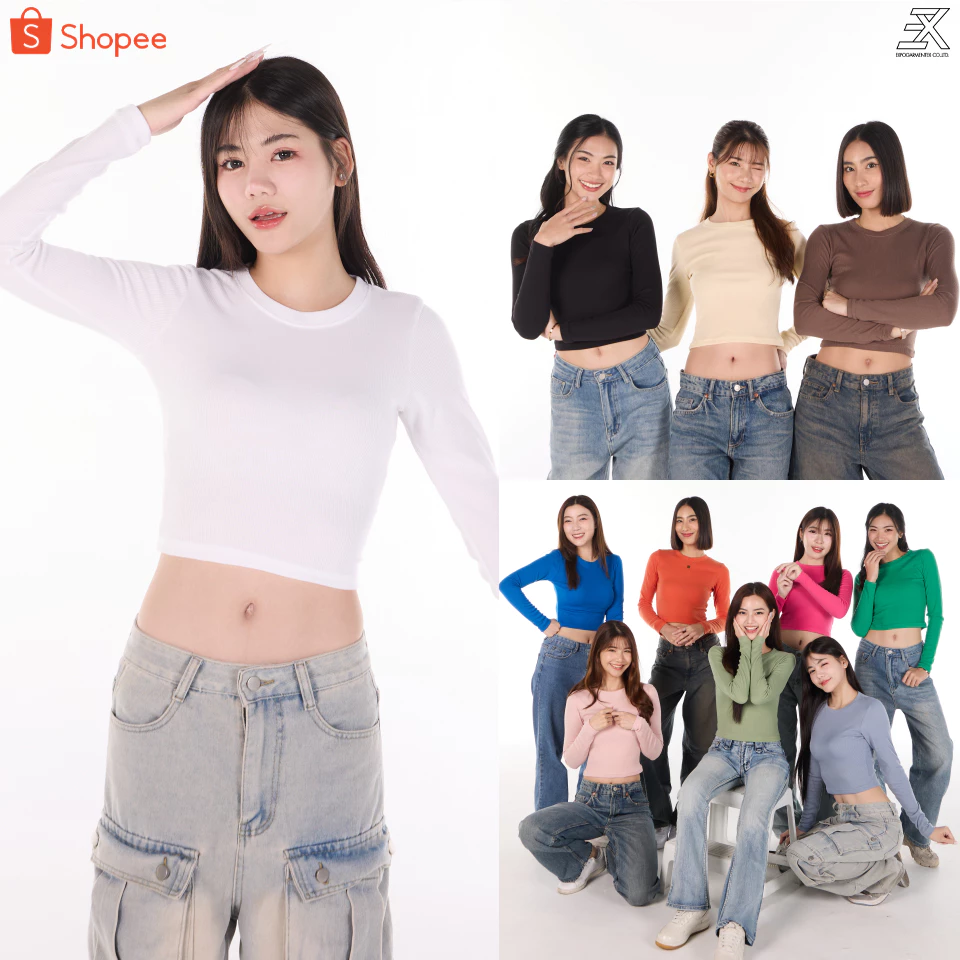 Expogarment เสื้อยืด เบบี้ที แขนยาว BabyTee ครอป เอวลอย ผ้าร่อง รุ่นใหม่ ยืดมาก Crop Top BTLong003