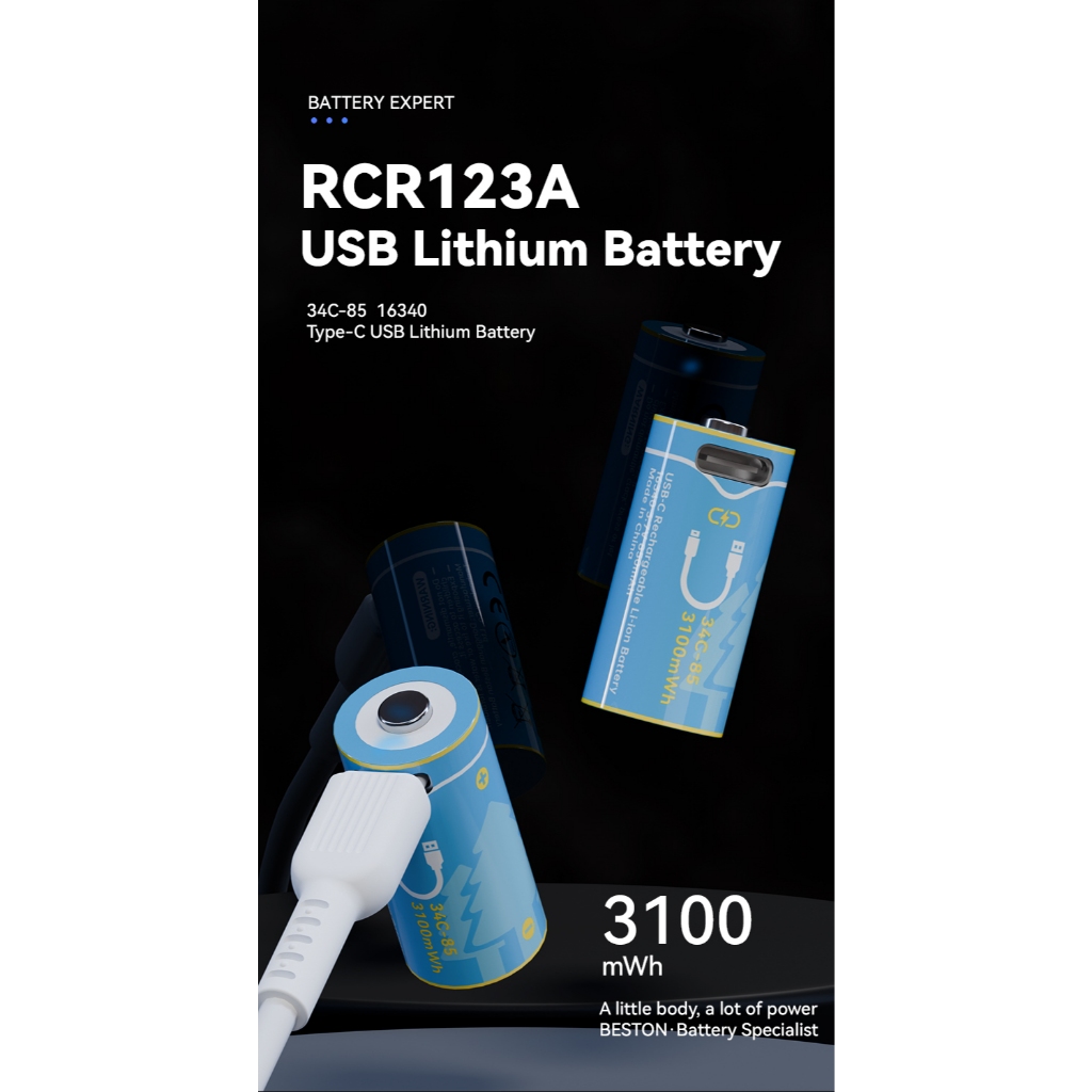 ถ่านชาร์จ BESTON 3100 mWh 16340 3.7V RCR123A Li-ion High Capacity Type-C USB Fast Charge Rechargeabl  2 ก้อน