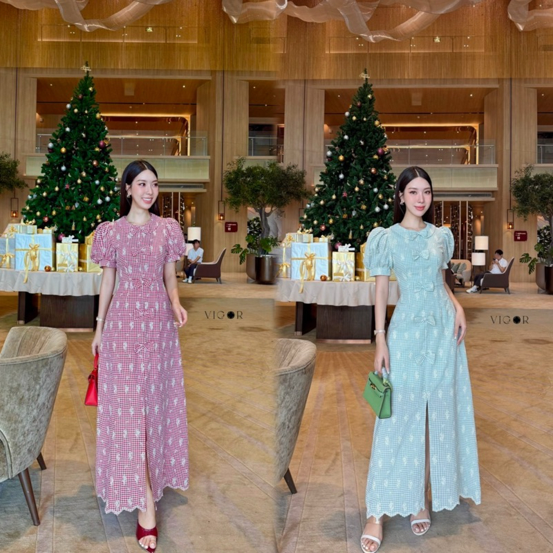 M12 งานป้าย Venice Dress ชุดเดรสยาวแขนตุ๊กตาลายสก็อตผ่าหน้า สำหรับผู้หญิง สาวอวบ ไซส์ Xs-3XL