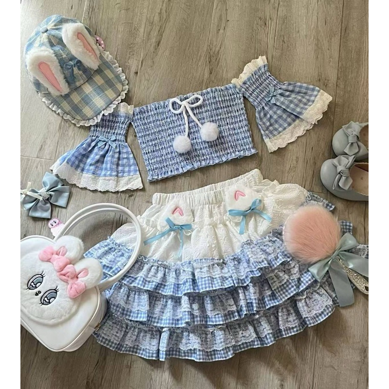 พร้อมส่ง ชุดเสื้อปาดไหล่จับสม็อค+กระโปรงชั้น ลายสก็อตสีหวาน กดเติมตู้กันเลย