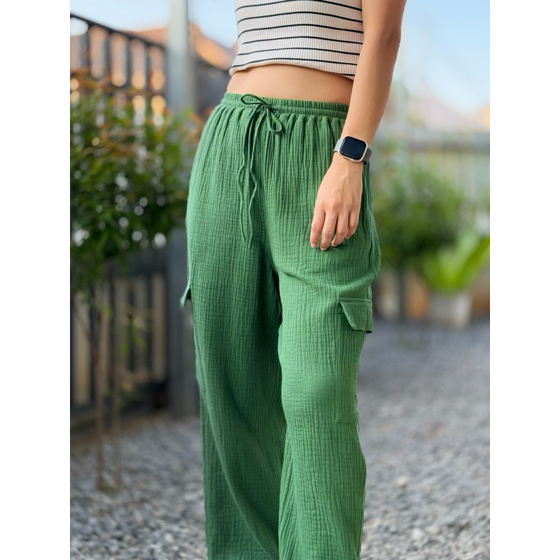 กางเกงขายาวผูกเชือกเอวผ้าสาลู 2 ชั้น Womens Double Gauze Muslin Pants