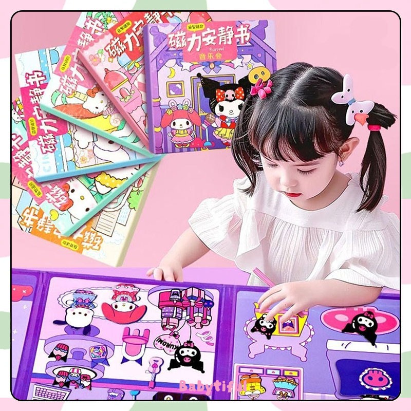 SANRIO หนังสือแฮนด์เมด หนังสือแม่เหล็ก สติ๊กเกอร์ตกแต่งแบบใส ของเล่นเพื่อการศึกษา DIY ฉากแต่งตัว