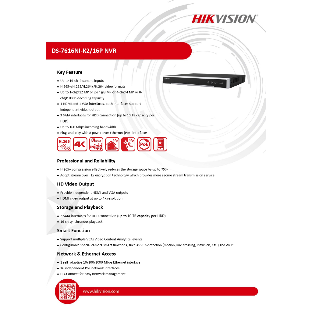 HIKVISION DS-7616NXI-K2 & DS-7616NXI-K2/16P(รองรับ PoE) Acusense NVR 2SATA เครื่องบันทึก IP 16ช่อง(รับประกันสินค้า 3 ปี)
