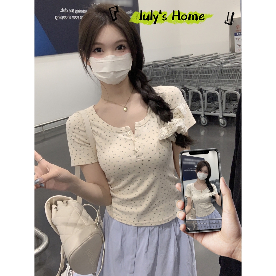 เสื้อยืดเเขนสั้น เสื้อครอป สไตล์เกาหลี ลายดอกไม้ เเต่งกระดุมที่อก#J2265