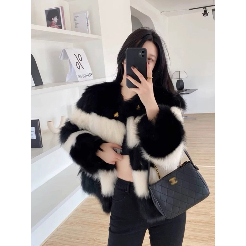 Ppickme•Haining สีดำและสีขาว Contrast สีลายขนสัตว์ชิ้นเดียวนำเข้า Fox FUR JACKET ผู้หญิง