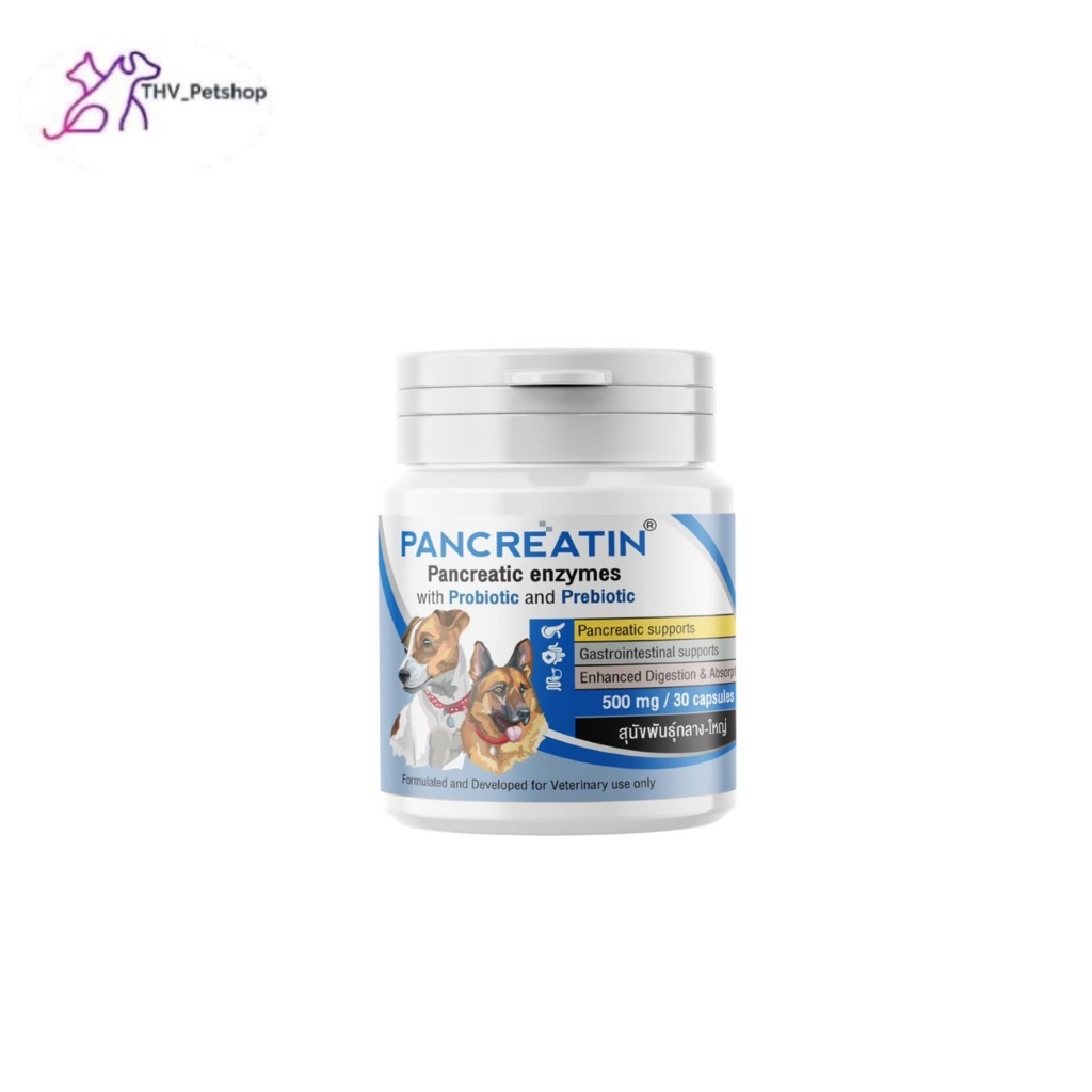 Pancreatin  ผลิตภัณฑ์เอ็นไซม์เสริมอาหาร สำหรับสุนัขและแมวที่มีภาวะตับอ่อนอักเสบ 500 mg.