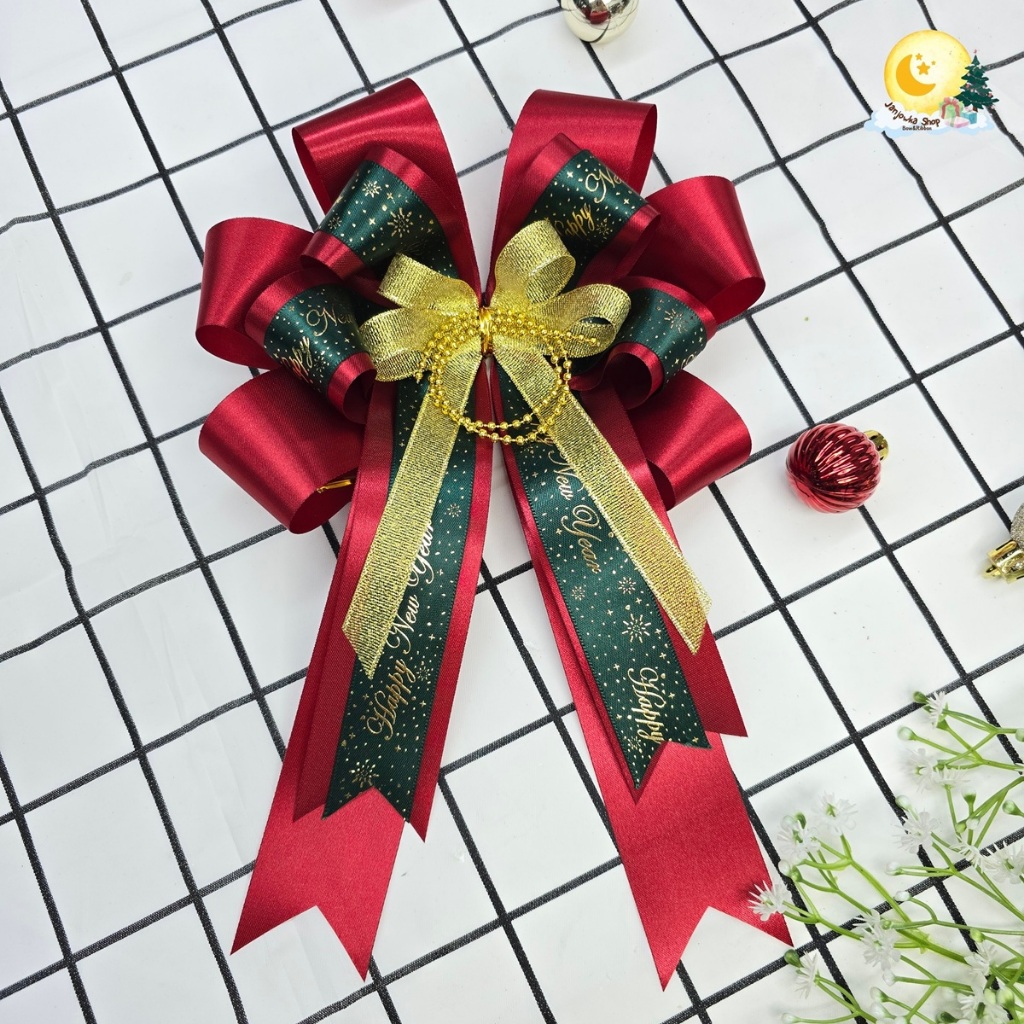โบว์กระเช้าปีใหม่ ติดของขวัญ ติดกระเช้า เลือกโทนสี แบบคละหน้าโบว์ คละลาย