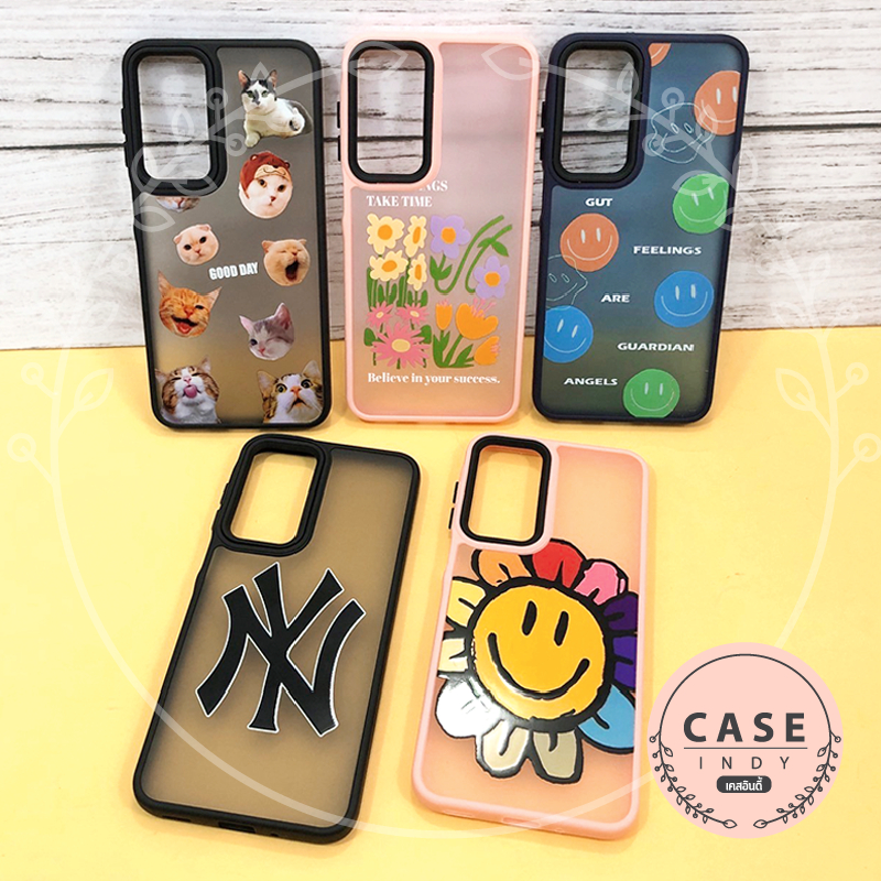 Samsung A15 A16 A35 A55 S23Ultra S24FE Oppo A17 A57 เคสขอบสีหลังขุ่นกันเลนส์กล้องสีดำ พิมพ์ลายการ์ตู