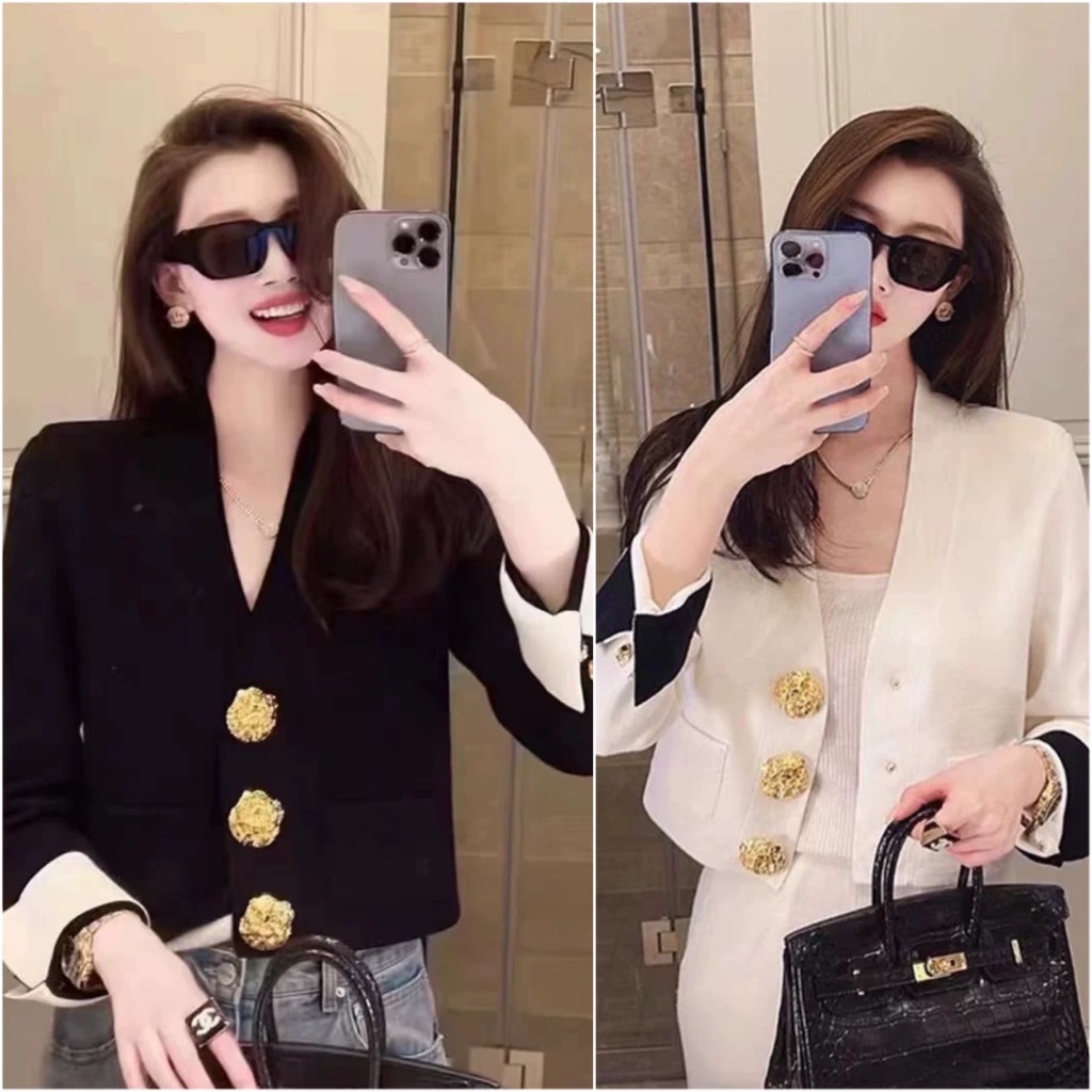 พร้อมส่งจากไทย เสื้อคลุมแขนยาวดีไซน์กระดุมทอง(ตัวติดแป๊ก)สวยหรูอลังใส่ดูแพงมาก
